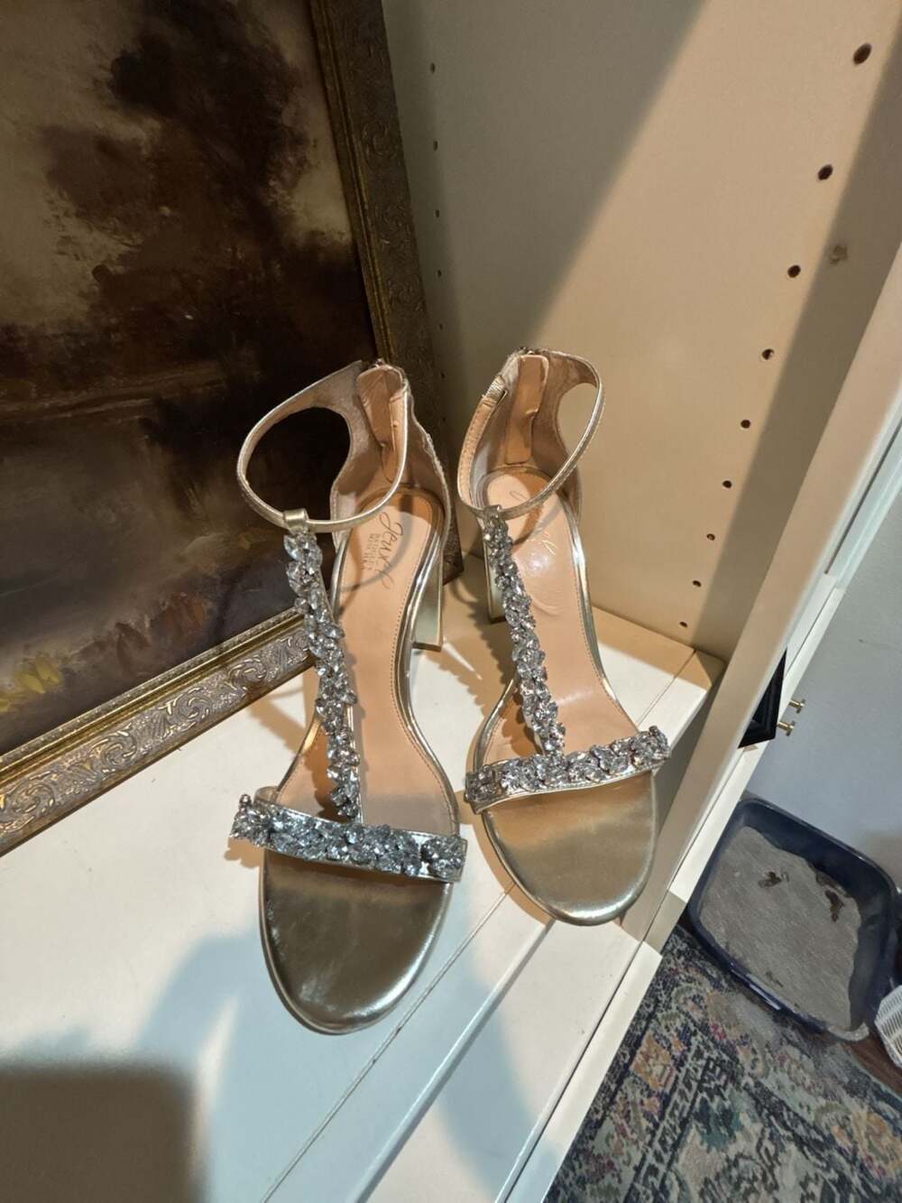 Jewel Badgley Mischka Lindsey Jeweled Metallic T-Strap Block Heels